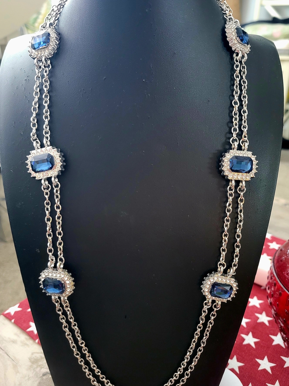 Paparazzi Silver Long Chain Necklace with Deep Blue Crystals